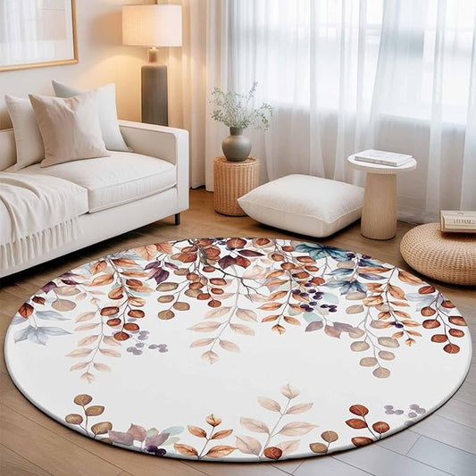 Washable Round Area Rug Fall Orange Watercolor Eucalyptus Leaves Circle Rugs Floor Carpet for Living Room Bedroom, Fallen Leaf on White Soft Non Slip Round Rug 3ft
