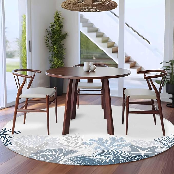 Washable Round Area Rug Underwater Blue Shells Starfish Coral Circle Rugs Floor Carpet for Living Room Bedroom, Summer Botantical Soft Non Slip Round Rug 5ft