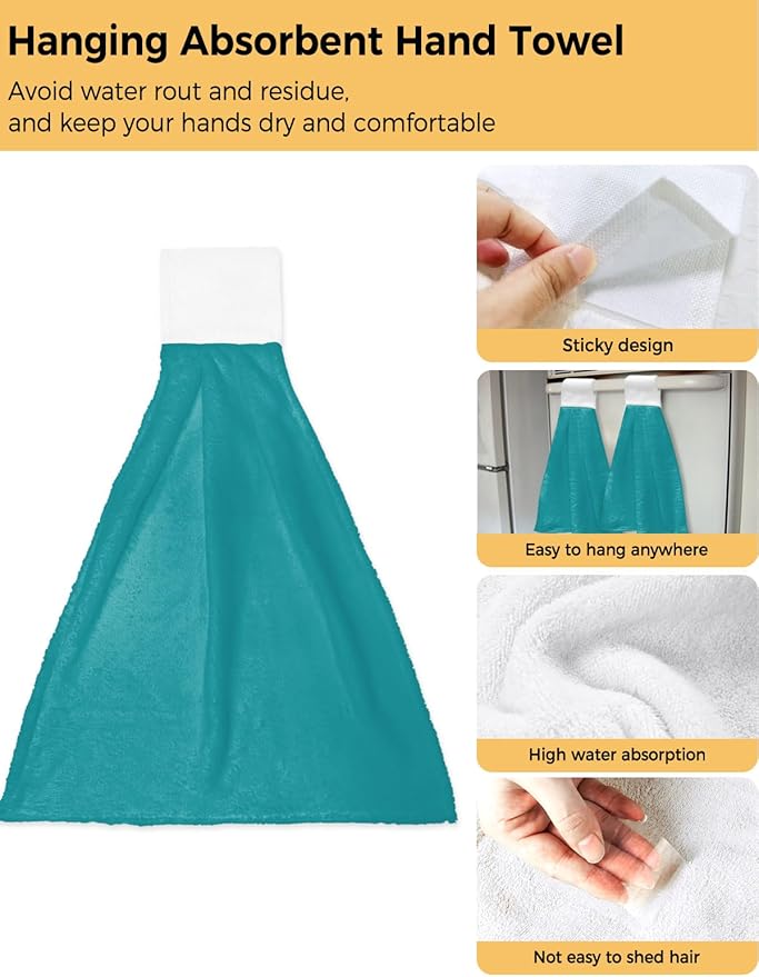 Alandar Home Kitchen Tie Towel Set of 2, Pure Color Blue and Green Absorbent Soft Hand Towels for Bathroom Hanging Towels, Plain Single Bright Color Fast Drying Cleaning Cloth with Loop