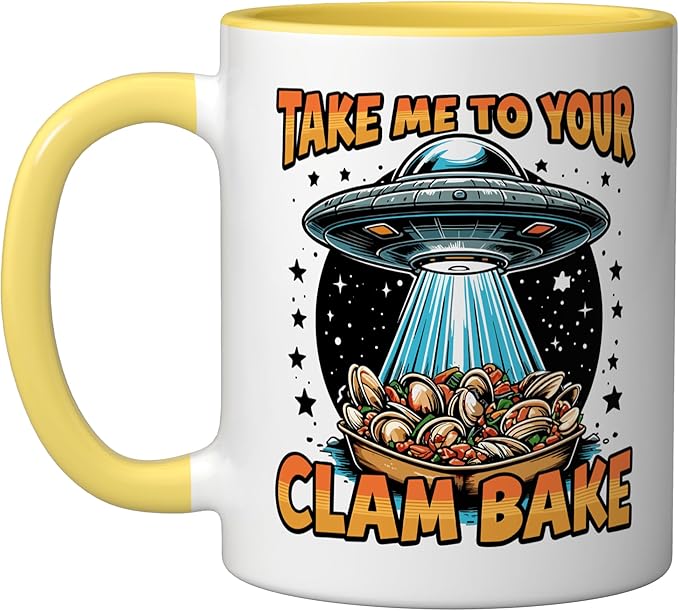 Take Me to Your Clam Bake East Coast Cuisine Funny Clam Bake Ceramic Mug, Yellow/White