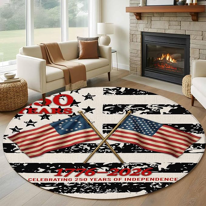 Washable Round Area Rug Independence Day 250th Anniversary Circle Rugs Floor Carpet for Living Room Bedroom, Retro USA Flags Soft Non Slip Round Rug 5ft