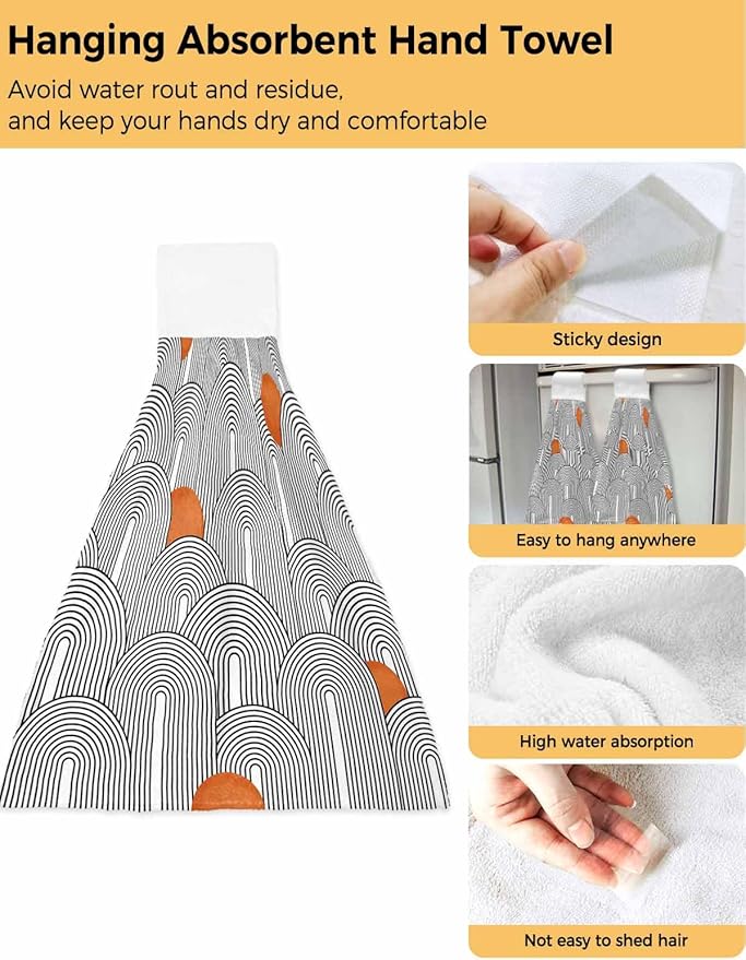 Alandar Home Kitchen Tie Towel Set of 1, Boho Abstract Black White Rounds Stripes Absorbent Soft Hand Towels for Bathroom Hanging Towels, Orange Polka Dots Fast Drying Cleaning Cloth with Loop