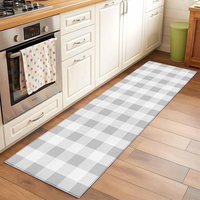Runner Rug for Bedroom Hallway, Light Grey White Plaid Kitchen Runner Rugs Area Rug 2x6ft, Farmhouse Decoration Buffalo Check Washable Soft Floor Carpet for Entryway Stair