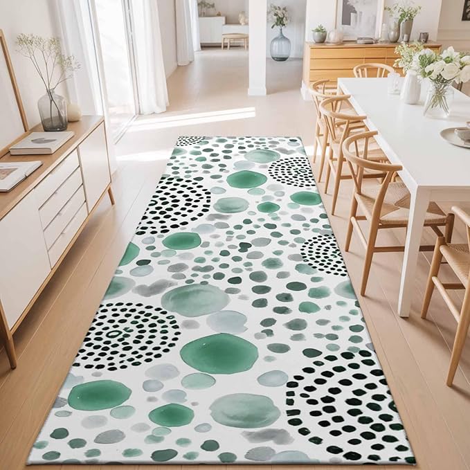 Runner Rug for Bedroom Hallway, Abstract Teal Circles Kitchen Runner Rugs Area Rug 2x6ft, Sage Green Geometric Round Washable Soft Floor Carpet for Entryway Stair