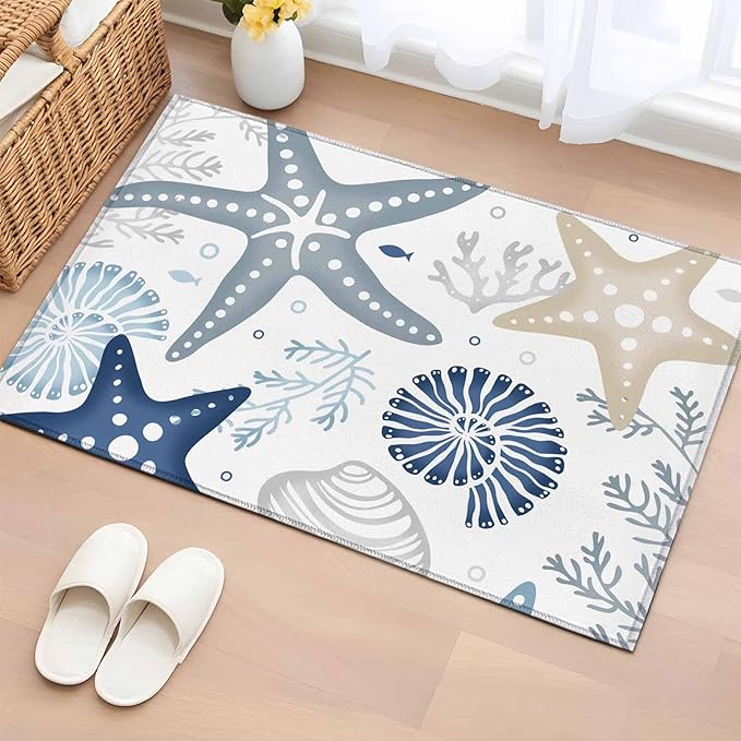 Area Rug 2x3ft, Ocean Starfish Shell Conch Washable Rugs for Living Room Bedroom, Sea Blue Coral Seamless Soft Non-Slip Area Rugs Rectangle Floor Carpet for Dining Room