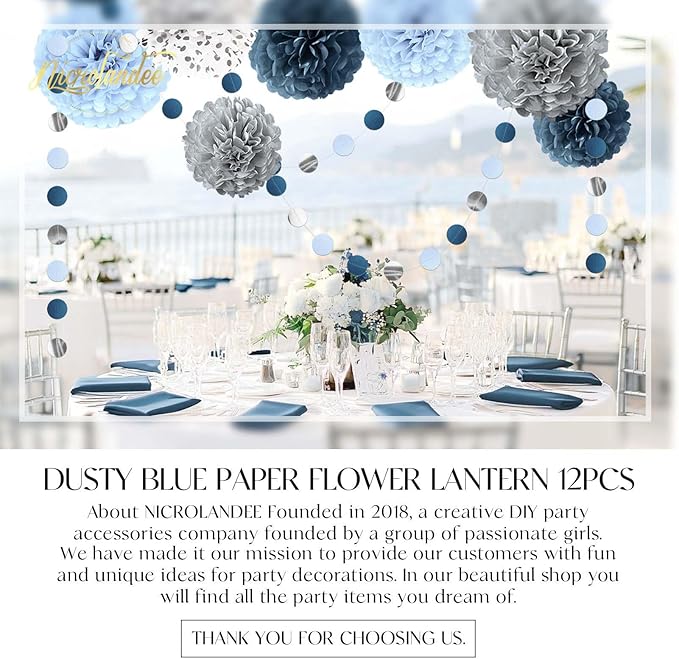 NICROLANDEE Dusty Blue Wedding Decorations, 15 PCS Tissue Pom Poms Paper Garland Decoration for Something Blue Bridal Shower Bachelorette Party Baby Shower Decorations