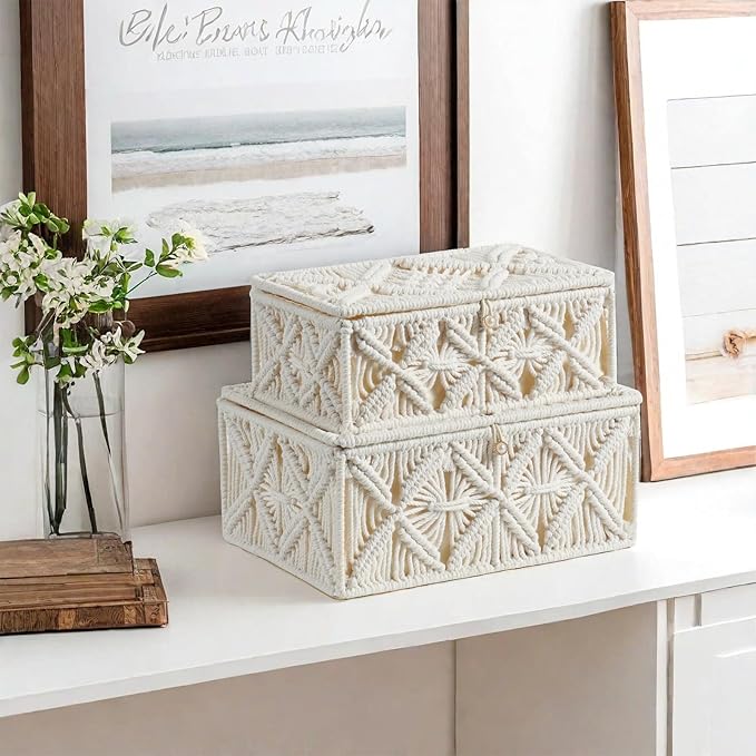 2PCS Decorative Boho Storage Baskets with Lid Bohemian Macrame Jewelry Box Handmade Natural Cotton Rope Woven Bins Memory Keepsake Makeup Organizer Container (Off White, 1 Large 1 Small)