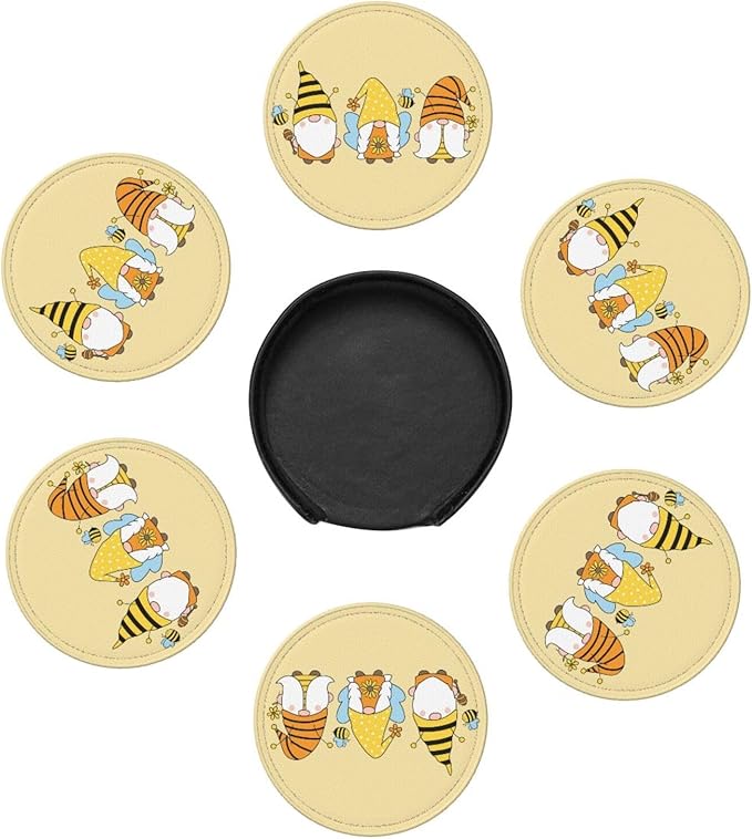 Famame 6 Pcs Happy Bee Gnome Sunflower Leather Coasters for Drinks with Holder Coaster Sets Drink Table Cup Coasters for Living Room Kitchen Coffee Decor