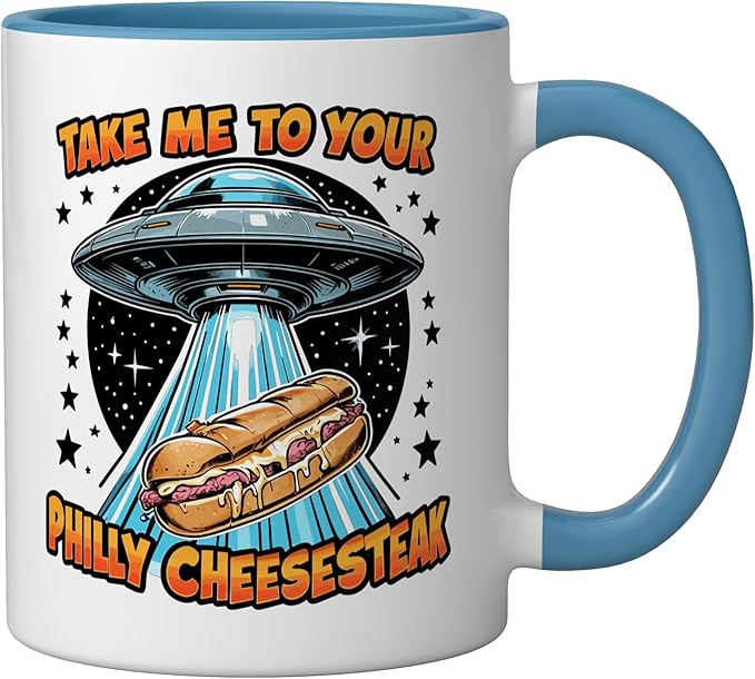 Take Me to Your Philly Cheesesteak UFO Philly Cheesesteak Ceramic Mug, Blue/White