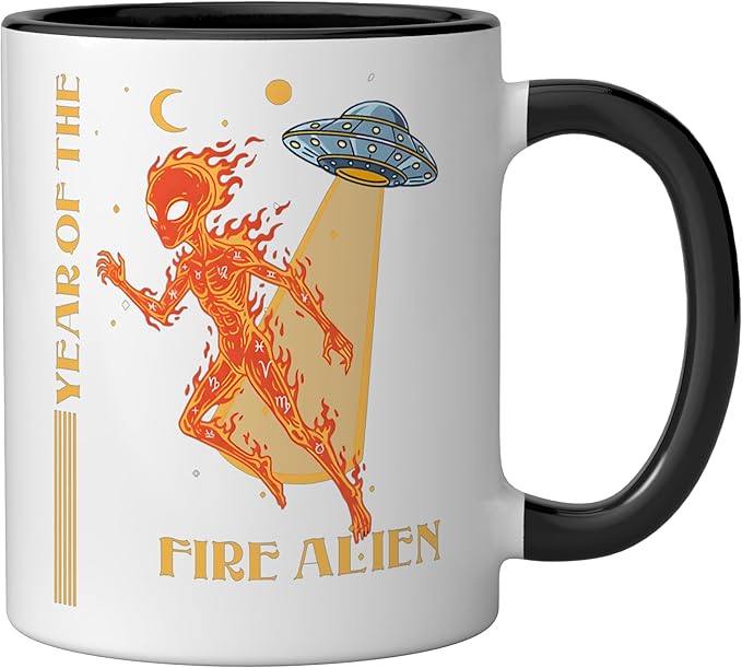 Year of the Fire Alien Chinese Zodiac Celestial Astrology Ceramic Mug, Black/White