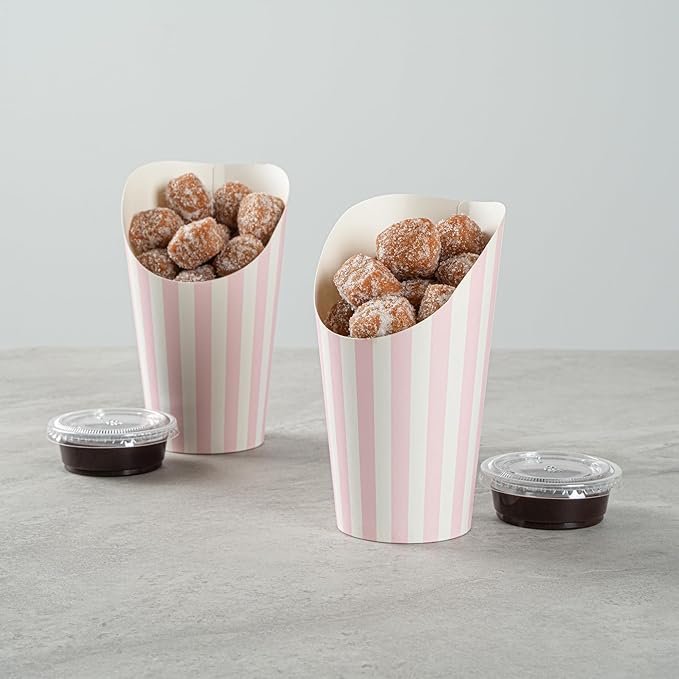 Bio Tek 16 Ounce French Fry Containers, 100 Disposable Charcuterie Cups - Incline Design, Round, Striped Paper French Fry Cups, Stackable, For Waffles, Chips, or Popcorn - Restaurantware