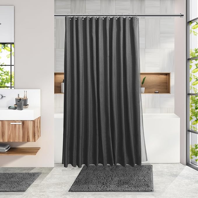 Clara Clark Bathroom Accessories Set - 27PC Bathroom Set with Adhesive Corner Shower Caddy Hanging, Bathroom Sets with Shower Curtain and Rugs, Grey Shower Curtain Set with Bathroom Trash Can
