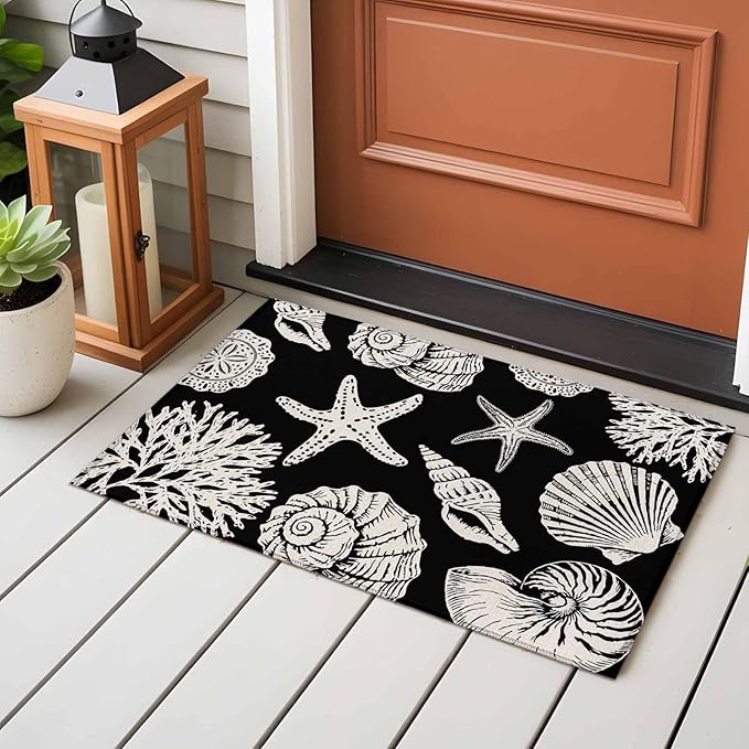 Area Rug 2x3ft, Marine Starfish Shell Conch Washable Rugs for Living Room Bedroom, Ocean Life on Black Soft Non-Slip Area Rugs Rectangle Floor Carpet for Dining Room