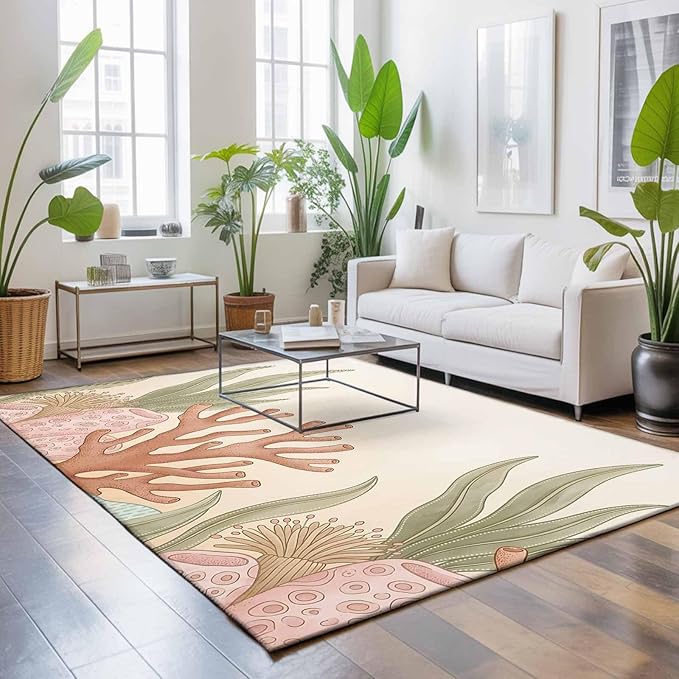Area Rug 4x6ft, Ocean Coral Seaweed Shell Reef Washable Rugs for Living Room Bedroom, Watercolor Marine Theme Soft Non-Slip Area Rugs Rectangle Floor Carpet for Dining Room