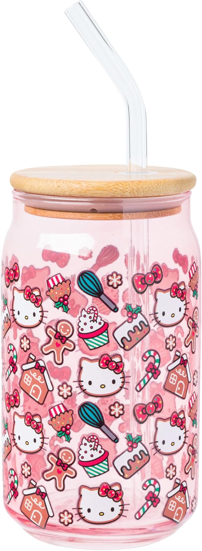 Silver Buffalo Sanrio Hello Kitty Gingerbread Cookies Christmas Holiday Pink Glass Jar Tumbler with Bamboo Lid and Glass Straw, 16 Ounces