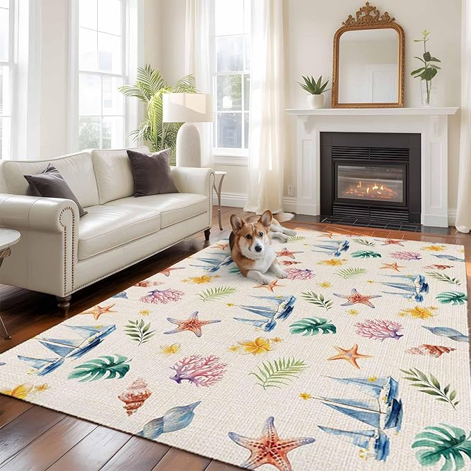 Area Rug 8x10ft, Summer Sea Starfish Sailboat Washable Rugs for Living Room Bedroom, Marine Life Coral on Linen Soft Non-Slip Area Rugs Rectangle Floor Carpet for Dining Room