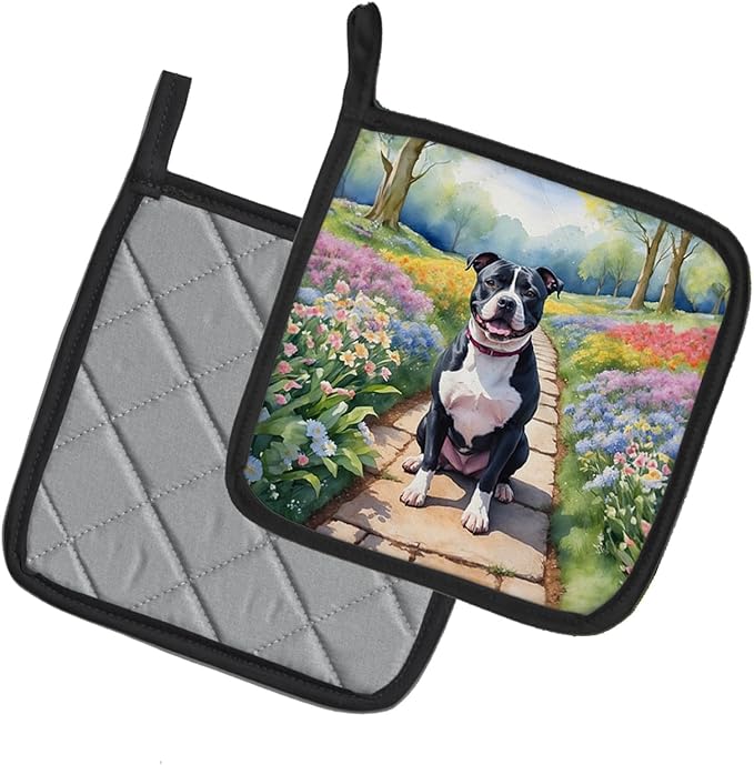 Caroline's Treasures Staffordshire Bull Terrier Spring Path Pair of Pot Holders Kitchen Heat Resistant Pot Holders Sets Oven Hot Pads for Cooking Baking BBQ, 7 1/2 x 7 1/2