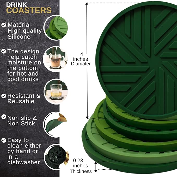 Silicone Coasters Set of 6 with Unique and Modern Patterns for Table Decor - Perfect for Outdoors and Coffee Table Protection- st patrics Day accesories Green Sage