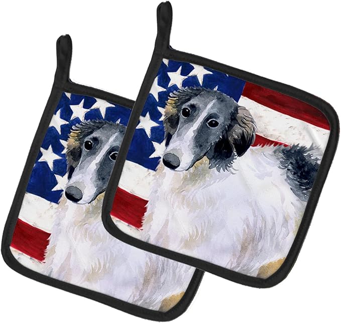 Caroline's Treasures BB9672PTHD Borzoi Patriotic Pair of Pot Holders Kitchen Heat Resistant Pot Holders Sets Oven Hot Pads for Cooking Baking BBQ, 7 1/2 x 7 1/2