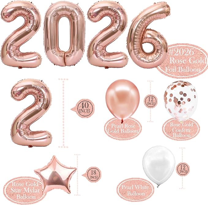 JOJO FLY New Years Eve Party Decorations Kit, Rose Gold 2026 Balloons, Rose Gold and White Balloons Set, Foil Curtain, Graduation Decorations, New Years Eve Party Supplies 2026