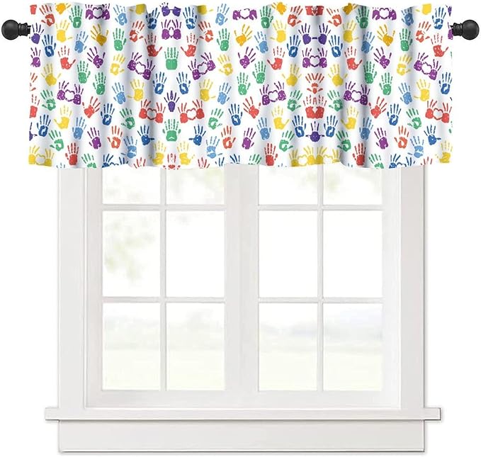 Colorful Handprint Valance, Back to School First Day Kids Students Short Window Treatment for Kitchen Bedroom School Classroom, 54x18Inch