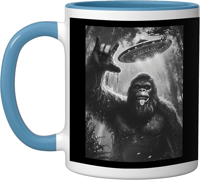 Funny Sasquatch Bigfoot Rock On Selfie with UFO Alien Saucer Ceramic Mug, Blue/White