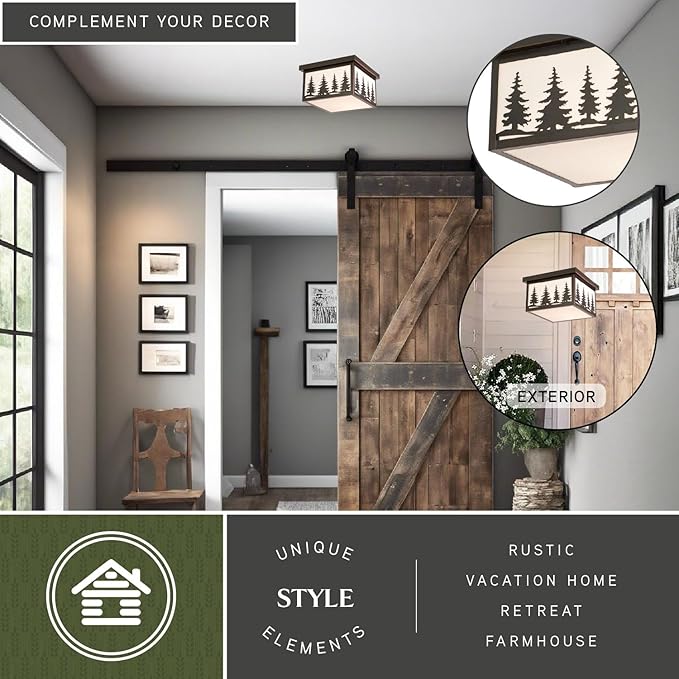 VAXCEL Yosemite 11.5 inch Rustic Tree Flush Mount Ceiling Light, Burnished Bronze, White Tiffany Glass, E26 Bulb Compatible, Dimmable, Indoor Outdoor Use, Damp Rated