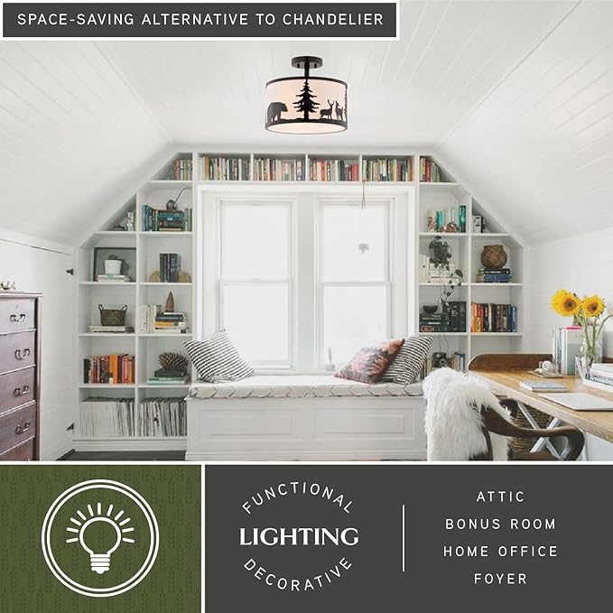 VAXCEL Acadia 13-in W Bronze Rustic Semi Flush Mount Ceiling Light White Linen Deer Tree