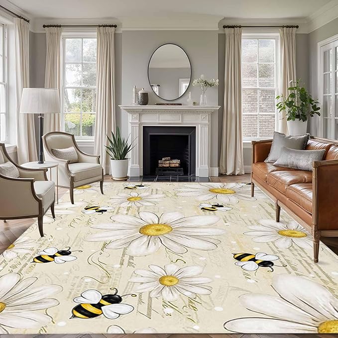 Area Rug 9x12ft, Retro Watercolor White Floral Bee Washable Rugs for Living Room Bedroom Rectangle Floor Carpet, Summer Daisy Letter Texture Soft Non-Slip Area Rugs for Dining Room