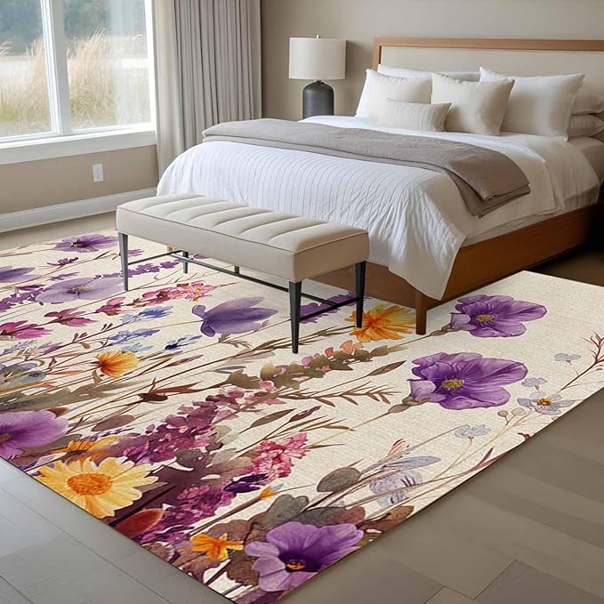 Area Rug 6x9ft, Country Flower Purple Lavender Plant Washable Rugs for Living Room Bedroom, Retro Linen Soft Non-Slip Area Rugs Rectangle Floor Carpet for Dining Room