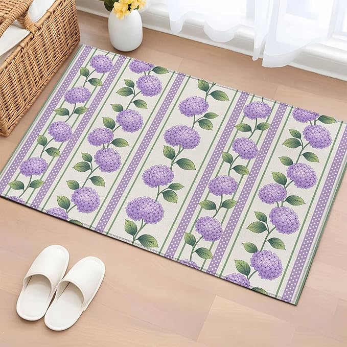 Area Rug 2x3ft, Watercolor Hydrangea Flower Washable Rugs for Living Room Bedroom, Spring Floral Leaves on Linen Soft Non-Slip Area Rugs Rectangle Floor Carpet for Dining Room