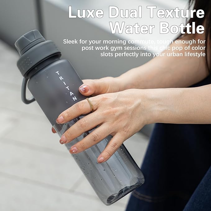 OLDLEY 32oz Frosted Clear Water Bottle, BPA-Free Tritan Plastic Reusable Water Bottle with Fast-Flow Spout Lid, Wide Mouth Leakproof Sports Drinking Bottle for Gym, School, Office, Travel,Grey