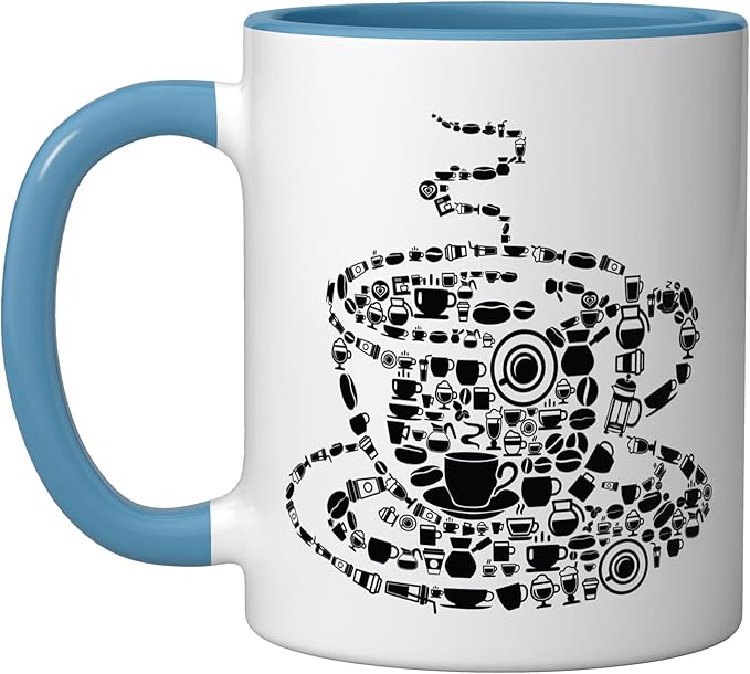 Coffee Brewed Steaming Java Picture Mosaic Cup Saucer Pot Ceramic Mug, Blue/White