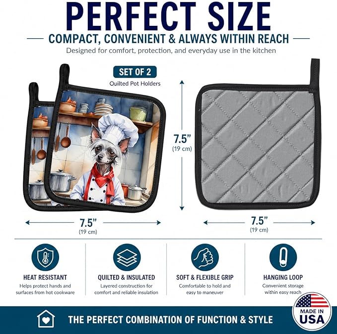 Caroline's Treasures Chinese Crested The Chef Pair of Pot Holders Kitchen Heat Resistant Pot Holders Sets Oven Hot Pads for Cooking Baking BBQ, 7 1/2 x 7 1/2