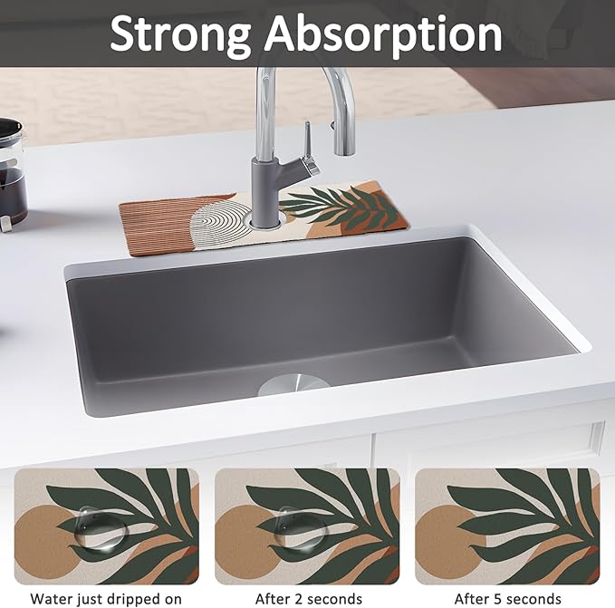 2PCS 15" X 5.5" Kitchen Sink Splash Guard Faucet Mat Boho Super Absorbent Fast Drying Faucet Guard & Draining Mat Sink Splash Guard Behind Faucet for Kitchen, Bathroom