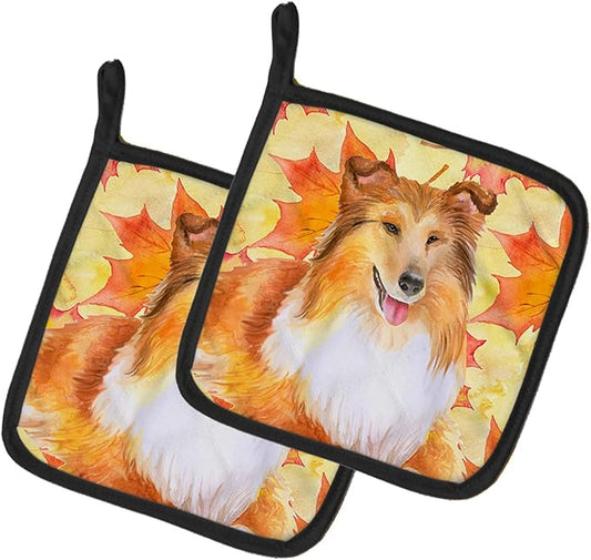 Caroline's Treasures BB9981PTHD Sheltie Fall Pair of Pot Holders, Yellow Kitchen Heat Resistant Pot Holders Sets Oven Hot Pads for Cooking Baking BBQ, 7 1/2 x 7 1/2