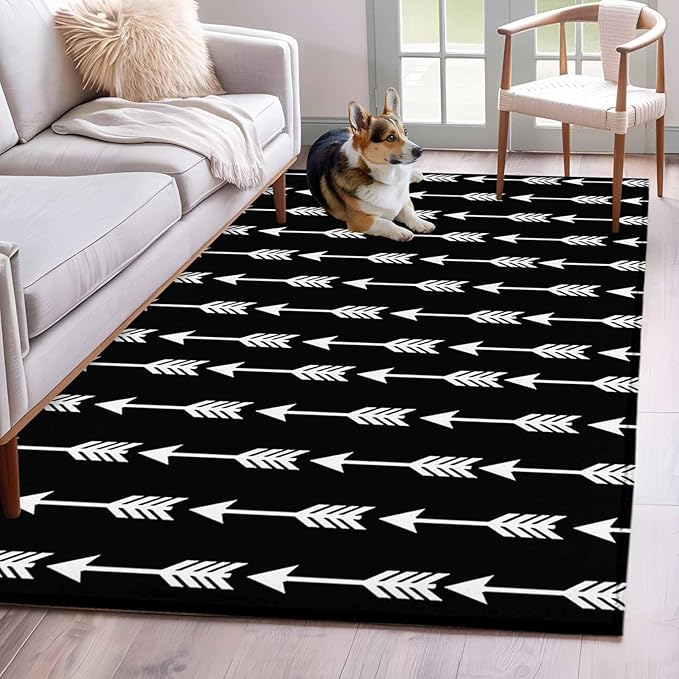 Area Rug 4x6ft, Tribal Style Arrows Pattern Washable Rugs for Living Room Bedroom, Black Background Soft Non-Slip Area Rugs Rectangle Floor Carpet for Dining Room