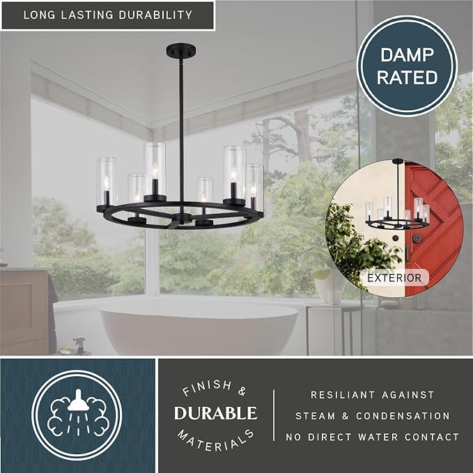 VAXCEL Grantley 6 Light Matte Black Wheel Chandelier Fixture Clear Glass Shade, LED Compatible, Damp Rated