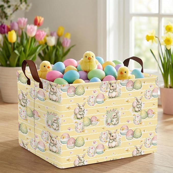 Kid Large Empty Easter Basket Gift Personalized Fabric Bunny Easter Basket for Boy and Girl Room Decor Storage Bin (Rabbit Easter Egg Butterfly Yellow)