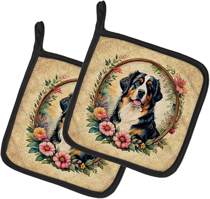 Caroline's Treasures Bernese Mountain Dog and Flowers Pair of Pot Holders Kitchen Heat Resistant Pot Holders Sets Oven Hot Pads for Cooking Baking BBQ, 7 1/2 x 7 1/2