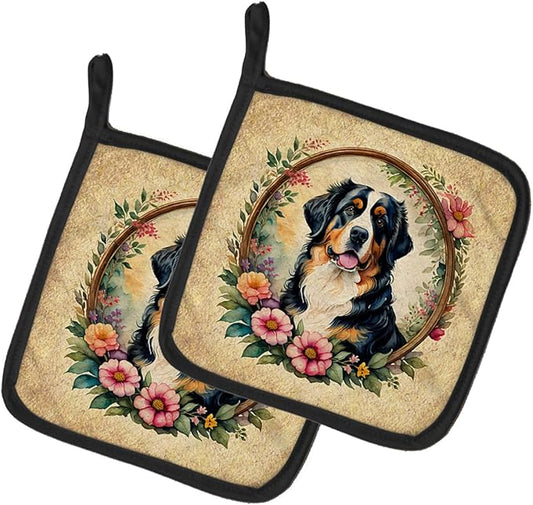Caroline's Treasures Bernese Mountain Dog and Flowers Pair of Pot Holders Kitchen Heat Resistant Pot Holders Sets Oven Hot Pads for Cooking Baking BBQ, 7 1/2 x 7 1/2