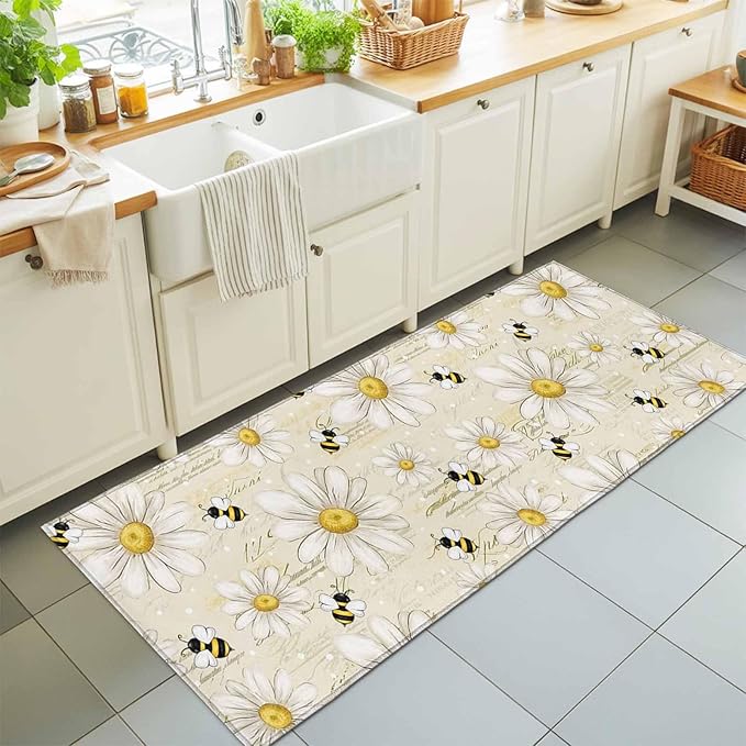 Runner Rug for Bedroom Hallway, Retro Watercolor White Floral Bee Kitchen Runner Rugs Area Rug 2x6ft, Summer Daisy Letter Texture Washable Soft Floor Carpet for Entryway Stair