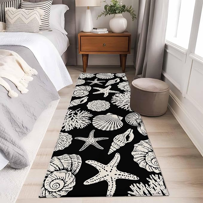Runner Rug for Bedroom Hallway, Marine Starfish Shell Conch Kitchen Runner Rugs Area Rug 2x6ft, Ocean Life on Black Washable Soft Floor Carpet for Entryway Stair
