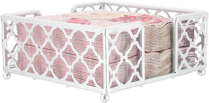Boston International Paper Napkin Holder Caddy Dispenser for Kitchen Dining Buffet & Bar Countertops, 5.25" x 5.25" (Fits Cocktail Size), Silver Trellis