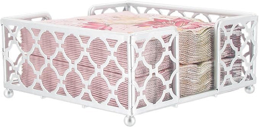 Boston International Paper Napkin Holder Caddy Dispenser for Kitchen Dining Buffet & Bar Countertops, 5.25" x 5.25" (Fits Cocktail Size), Silver Trellis