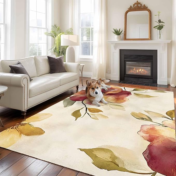 Area Rug 6x9ft, Oil Painting Style Flowers Washable Rugs for Living Room Bedroom, Vintage Country Floral Soft Non-Slip Area Rugs Rectangle Floor Carpet for Dining Room