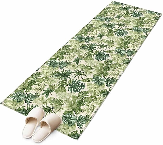 Runner Rug for Bedroom Hallway, Green Palm Leaf Watercolor Kitchen Runner Rugs Area Rug 2x6ft, Summer Tropical Leaves Washable Soft Floor Carpet for Entryway Stair