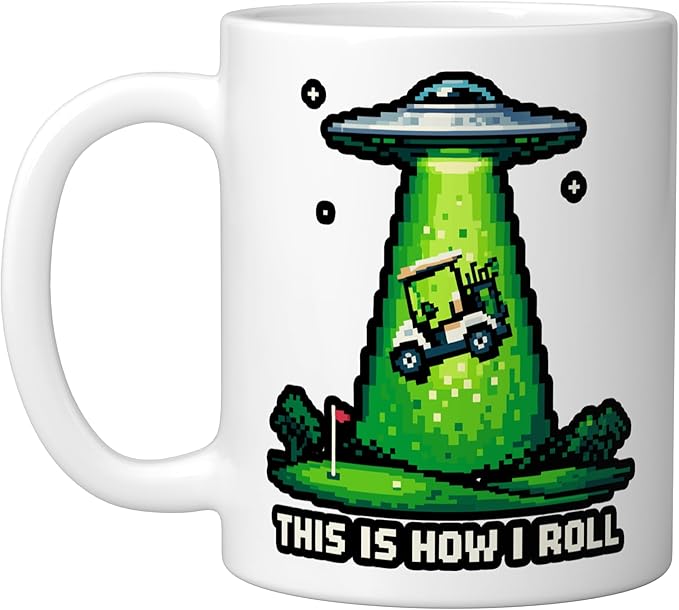 This Is How I Roll Golf UFO Abduction Funny Pixel Art Ceramic Mug, White