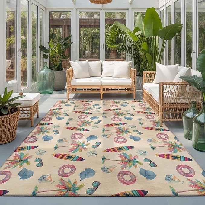 Area Rug 3x5ft, Summer Surfboard Coconut Tree Washable Rugs for Living Room Bedroom, Coastal Vintage Plants Soft Non-Slip Area Rugs Rectangle Floor Carpet for Dining Room