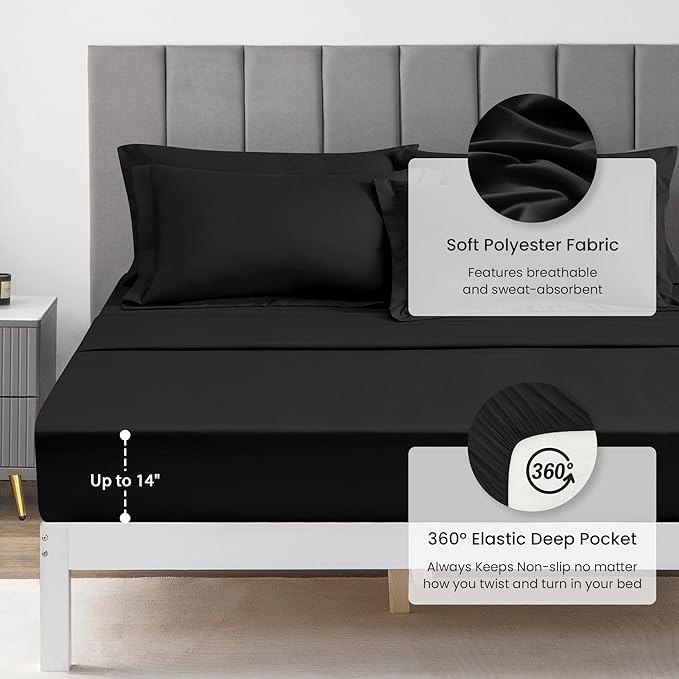 Love's cabin California King Comforter Set Black, 7 Pieces California King Bed in a Bag, All Season Bedding Sets with 1 Comforter, 1 Flat Sheet, 1 Fitted Sheet, 2 Pillowcase and 2 Pillow Sham | Soft, Breathable, Lightweight, Comfortable